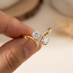 Anillo de Diamantes con Dos Piedras Redondas en Forma de V, Cultivados en Laboratorio, con Oro Sólido de 14K, Joyería Fina Única para Propuesta de Matrimonio para Novias - Product Image 1