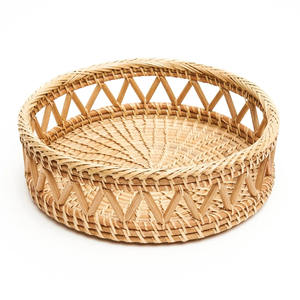 Exquisite Geometric Woven Round Rattan <b>Display</b> Basket Handcrafted Wicker Tray Featuring Classic Chevron <b>Border</b> For Cafe Setup - Product Image 1