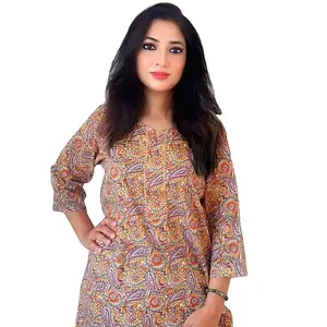 This tunic is made of pure cambric cotton & katha fabric. Its beautiful prints drapes well all body types It has 3/4th sleeves