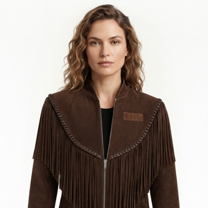 Brown <b>Fringe</b> <b>Suede</b> <b>Jacket</b> Stand Collar Short Sleeve Regular Fit Casual Outerwear for Autumn Winter - Product Image 2