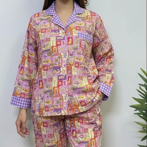 Fashion Women Printed Pajama Set Cotton Nightwear Set Long Sleeve Shirt Elastic Waist <b>Pants</b> - Product Image 1