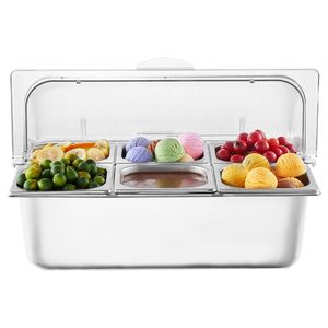 Vassoio di Servizio a 6 Scomparti in Acciaio Inox, Contenitore per Esposizione Alimenti con Dispenser per Condimenti e Espositore per Buffet - Product Image 5