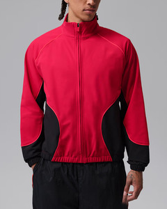 Unisex Red Black Color Blocking Fleece <b>Racer</b> <b>Jacket</b> Hooded Zipper Closure Breathable Sporty Windproof Autumn Wear Front Logo - Product Image 1