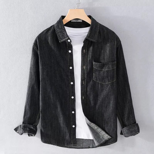 Camisa vaquera de hombre de manga larga, delgada, lisa, 100% algodón, suave, transpirable, con cuello alto, para invierno, 220g, con botones cubiertos - Product Image 4