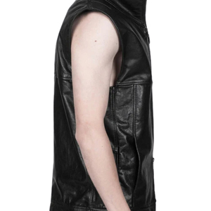 <b>Men's</b> <b>Black</b> Genuine Leather <b>Vest</b> Sleeveless Moto Waistcoat Zip Up Stand Collar Biker Jacket - Product Image 3