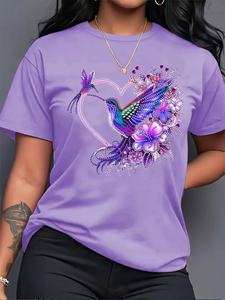 Camiseta de Mujer con Estampado Floral de Colibrí, Estilo Casual, Color Rosa, 100% Algodón Tejido, Ecológica, Transpirable, Ligera y de Secado Rápido - Product Image 3