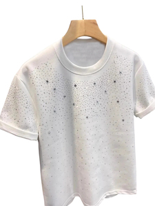 Camiseta con estampado de estrellas y diamantes de imitación para hombre, nuevo diseño, con cristales brillantes, negro y blanco, manga corta, ropa de calle, alta calidad - Product Image 4
