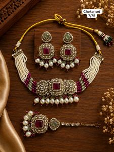 Conjunto de Gargantilla Étnica de Latón con Perlas de Imitación y Pendientes de Corazón Chapados en Oro, de Moda, para Boda de Mujer - Product Image 6