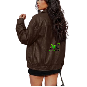 Chaqueta Bomber Impermeable de Cuero PU Verde Oliva para Mujer VANTEX SPORTS, Cuello Camisero, Cierre de Cremallera, Corte Holgado, Abrigo Largo para Invierno y Primavera - Product Image 4