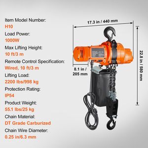 Polipasto Eléctrico Monofásico de 120V, Capacidad de Carga de 2200 Libras, Altura de Elevación de 10 Pies, Velocidad de 6.9 Pies/min para Grúa Puente - Product Image 1