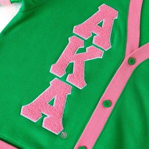 Cárdigan de Forro Polar AKA, Unisex, Verde y Rosa, con Botones, Bordado, Estilo Griego Informal, Prenda Exterior de Primera Calidad - Product Image 5