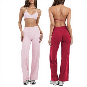 Solid Color Halter Neck Yoga Bra High Waist <b>Flared</b> <b>Leggings</b> 2-Piece Set Women Workout Wear Seamless Stretchy Gym Outfit - Product Image 6