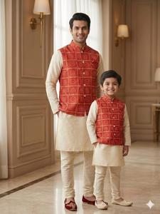 Ensemble Kurta Jacquard Père et Fils en Mélange de Soie, Vêtements Ethniques Imprimés, Gilet et Pantalon pour Mariage et Diwali - Product Image 3