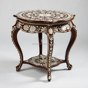 Table en bois traditionnelle moderne, artisanale, avec incrustations de os, motif floral, mobilier de qualité supérieure, élégante décoration de chambre à coucher - Product Image 1
