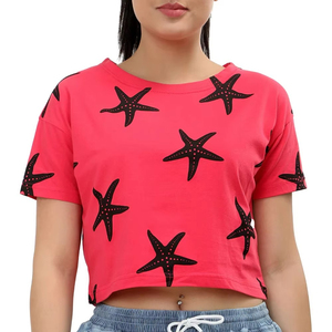 Servicio ODM al por Mayor, Último Diseño, Camisetas Cortas de Algodón 100% Elásticas para Mujer, Camisetas Cortas para Mujer - Product Image 1