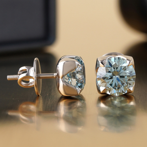14K White Gold <b>Fine</b> <b>Stud</b> <b>Earrings</b> 3.29 CT Blue Round Lab Grown Diamond Cushion Bezel <b>Studs</b> - Product Image 4