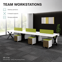 Poste de travail de bureau moderne pour 6 personnes avec dessus blancs, écrans d'intimité verts, pieds en X et supports de rangement mobiles