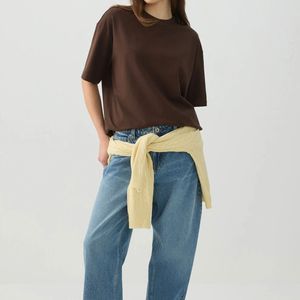 T-shirt en coton oversize pour femme, coupe ample décontractée, uni marron, manches courtes, streetwear unisexe, logo personnalisé OEM, vente en gros - Product Image 4