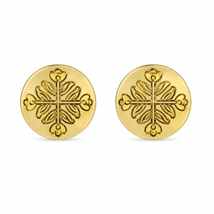 Mancuernillas Redondas con Cruz Floral Grabada, Chapadas en Oro, de Latón Hecho a Mano, Estilo Vintage para Hombre - Regalo de Boda, Cumpleaños y Ocasiones Festivas - Product Image 2