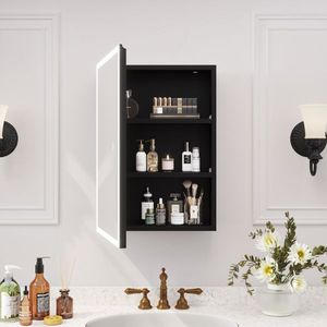 Armadietto a Specchio LED con Cornice in Acrilico Nero, 71*50.8*15cm, 1 Porta, 2 Ripiani, Tre Tonalità di Colore, Luminosità Regolabile - Product Image 1