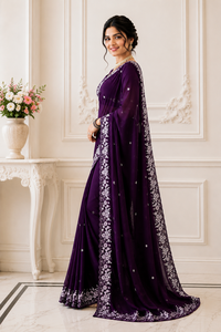Sari de Seda Morado Elegante de AARA Fashion, Bordado Floral, Protección Solar, para Todas las Estaciones, Largo hasta el Suelo, Corte Regular, para Mujer, India - Product Image 3