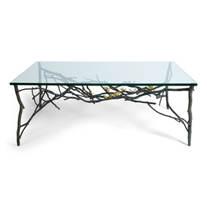 Mesa tapizada de lujo Saleem International 2026 con base decorativa de hoja de ginkgo en metal dorado para entrada o dormitorio - Product Image 1