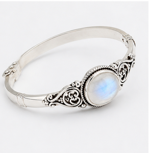 Rainbow Moonstone Silver Bangle, Moonstone <b>Bracelet</b>, Sterling Silver Gemstone Bangle, <b>Boho</b> Vintage Jewelry, Gift for Her - Product Image 2