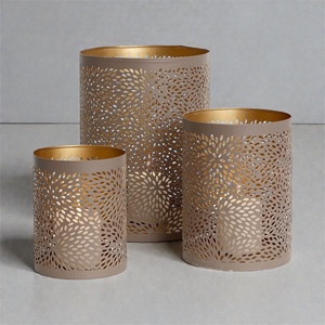 Cylinder Metal Candle Holders <b>Set</b> With Floral Cutout Design For Home Decoration - Product Image 2