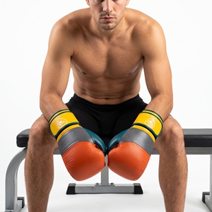 Gants de boxe en cuir orange, turquoise et jaune Dumela 16 oz, équipement d'entraînement professionnel avec logo. - Product Image 4
