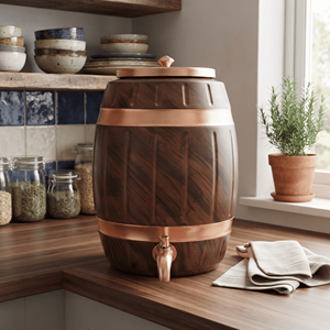 Distributeur d'eau en cuivre finition bois, style baril avec couvercle, serveur de boissons, distributeur métallique fait main pour la maison, la cuisine et l'exportation - Product Image 4