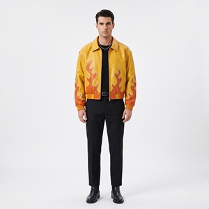Blouson Bomber en Cuir pour Homme Dumela, Imprimé Flamme, Style Moto, Col Rabattu, Fermeture Éclair, Coupe Classique Automne - Product Image 2
