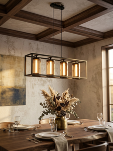 Suspension LED rectangulaire moderne, cadre en fer noir, abat-jour en verre à 4 cylindres, blanc chaud 3500K pour salle à manger T5748 - Product Image 2