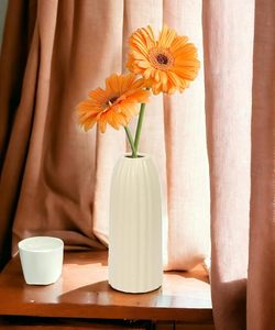 Modern White <b>Ceramic</b> Tabletop <b>Vase</b> Ribbed Decorative Flower Vessel for Living Room Desk Entrance - Product Image 6