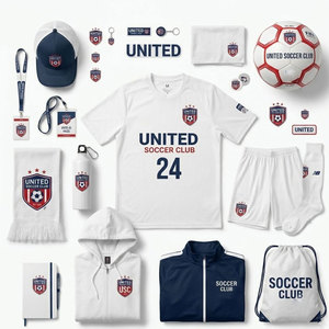 Kit promocional personalizado para aficionados al fútbol con camiseta, gorra y bufanda con diseño de balón de fútbol, ideal para promociones deportivas y la fidelización de aficionados. - Product Image 1