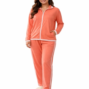 Women Contrast Stripe Tracksuit <b>Zip</b> <b>Up</b> <b>Jacket</b> & Relax Fit Jogger Pants Set Premium Comfort Fabric Sportswear Tracksuit - Product Image 1