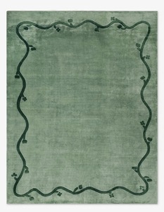 Alfombra de Lana Verde de Lujo Hecha a Mano con Borde Botánico, Alfombra Moderna Artística, Alfombra Contemporánea Hecha a Mano - Product Image 1