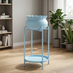 Maceta Metálica Azul Pastel con Soporte y Bandeja Inferior, Maceta Decorativa con Borde Festoneado para Interiores, Exteriores, Jardín, Patio, Balcón - Product Image 3