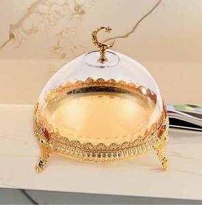 Newly design <b>Glass</b> Dome <b>Cake</b> <b>Stand</b> with Gold Metal Base and White Daisy Flower Decor Reusable Dessert Display Cover - Product Image 4