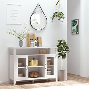 Buffet contemporain rétro anti-chute blanc avec étagères de rangement et 2 portes vitrées encadrées pour villa, ferme ou salle de sport - Product Image 2