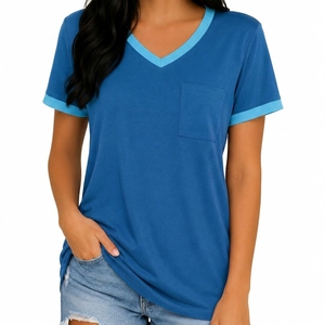 Women's Blue V-Neck Short Sleeve T-Shirt with Pocket Casual Organic Cotton Fleece Breathable <b>Top</b> Spring Summer Wear - Product Image 2
