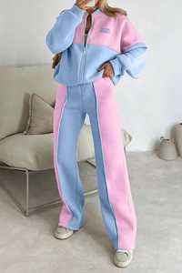 Conjunto de 2 piezas para mujer: Chaqueta de forro polar con cremallera y bloques de color y pantalones de pierna ancha - Product Image 2