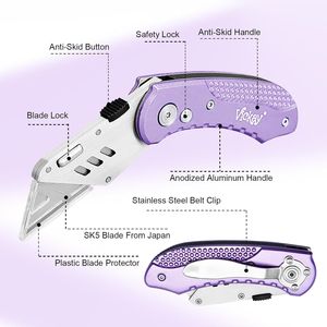 Couteau utilitaire pliable en aluminium léger, 5 lames SK5 à changement rapide avec système de verrouillage d'axe de sécurité et fonction de coupe - Product Image 2