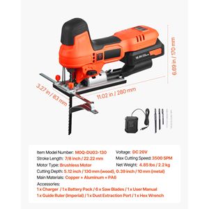 Seghetto Alternativo a Batteria 20V con Motore Brushless, Luce LED, 3500 SPM, 6 Velocità Variabili, 6 Lame per Taglio Metallo - Product Image 3