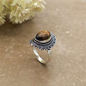 Handmade Vintage Oval Tigers Eye Gemstone Bezel <b>Set</b> Brass <b>Ring</b> 925 <b>Silver</b> Plated Unisex Boho Statement Jewelry - Product Image 4