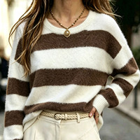 Horizontal gestreifter Kunstpelz-Strickpullover für Damen, Rundhalsausschnitt, lange Ärmel, lockerer Schnitt, überschnittene Schultern, Pullover-Oberteil (anpassbar)