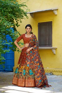TENNECY Tasar Silk Kalamkari Print Foil Work <b>Border</b> Reversible Stretchable Sun Protection Quick Dry Ankle-Length Choli for - Product Image 4