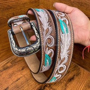 เข็มขัดหนังแท้สำหรับผู้ชายและผู้หญิง, เข็มขัดลายดอกไม้ทำด้วยมือแบบตะวันตกเข็มขัดคาดเอวหนังแท้ - Product Image 2