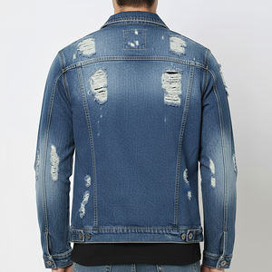 Veste en jean homme de haute qualité, coupe longue et ample, déchirée, col rabattu, bleu clair délavé, tendance - Product Image 6