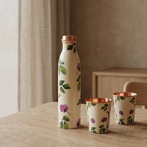 Bouteille d'eau en cuivre pur au design floral contemporain avec couvercle en cuivre, écologique, grande capacité, bouteille de voyage portable - Product Image 5