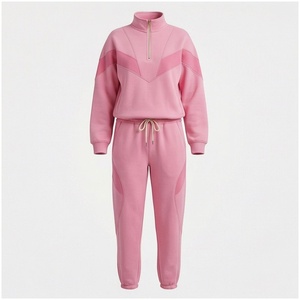 Women <b>Pink</b> Color Blocking Tracksuit Half-Zip <b>Sweatshirt</b> Jogger Pants Set Casual Autumn Wear Full Sleeve Drawstring Closure - Product Image 1